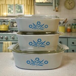 Vintage Corning Ware Cornflower Blue 3-Piece Casserole Set w/ Glass Lids